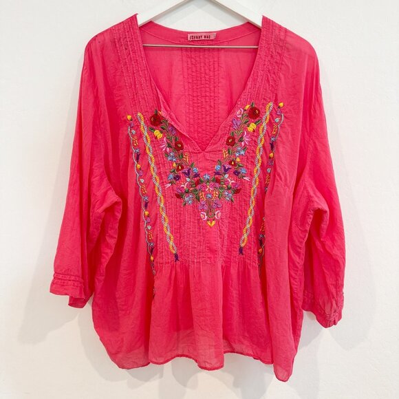 Johnny Was Embroidered Blouse Top Pink Boho Bohemian Pink Flawed Plus Size 2X - Picture 1 of 10
